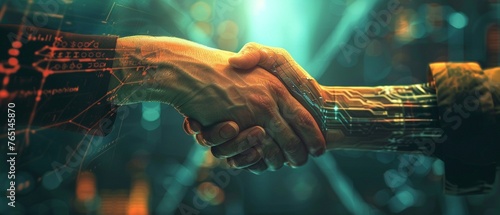 A handshake between a human and an alien diplomat, aboard a diplomatic ship, blending warm, human tones with the cool, alien technology and environment