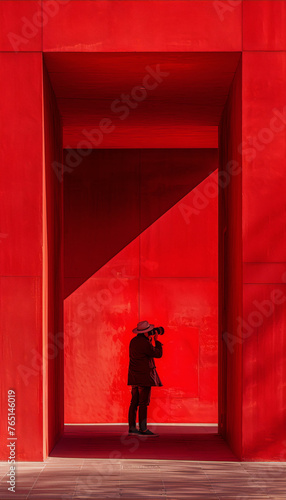 Red architectural space with a photographer wearing a hat
