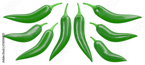 Green jalapeno peppers. Serrano peppers isolated on white background. 3D rendering.