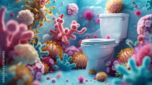 A toilet brush surrounded by cartoonish, colorful germs in a sparkling clean bathroom setting , 3D illustrate fantasy photo