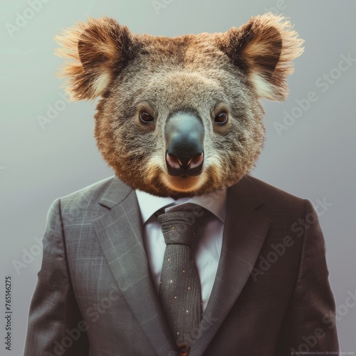 Surreal image of a person with a koala head dressed in a business suit photo