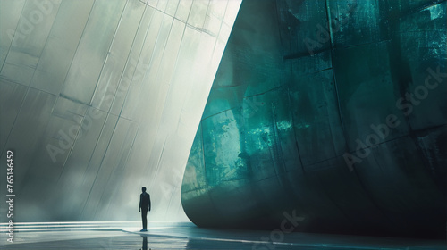 Futuristic interior space with a large curved wall and a lonely figure standing in the center. photo