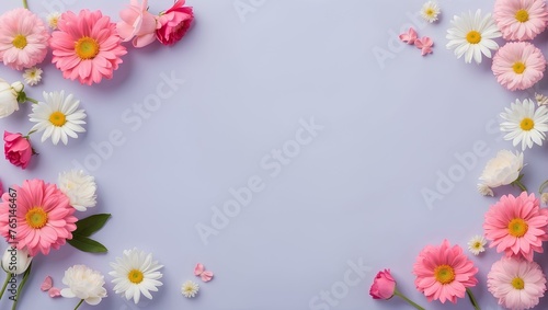 frame of pink and white flowers on violate background with copy space, space for text and design, love card, valentine day concept 