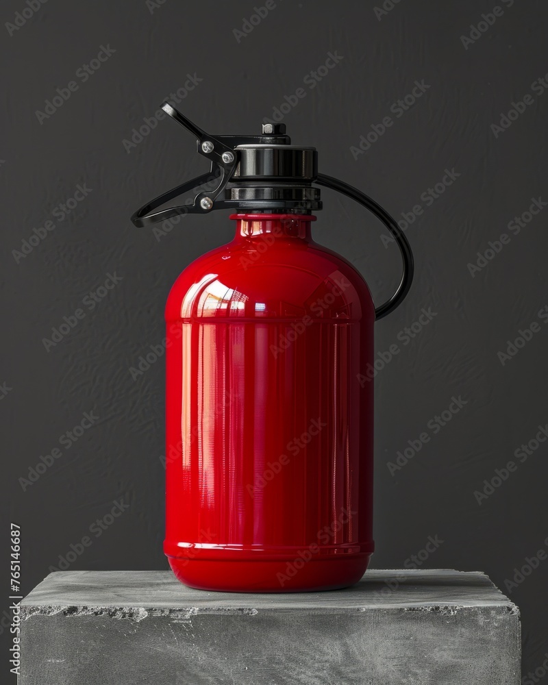 Vintage Red Soda Siphon on Concrete Base Against Dark Wall