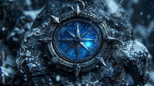 Frosty Blue Compass Encased in Icy Rocks Under Snowfall