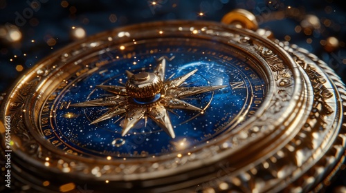 Antique Golden Compass with Celestial Blue Background