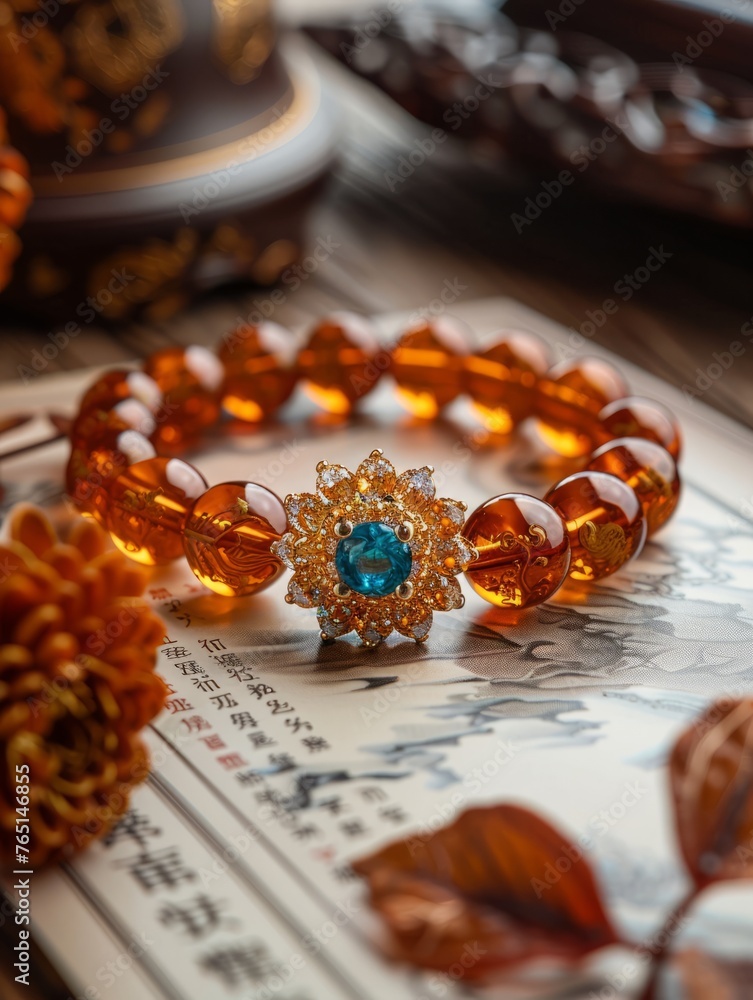 Amber Beads Bracelet with Intricate Golden Flower Charm Amber Beads Bracelet with Intricate Golden Flower Charm