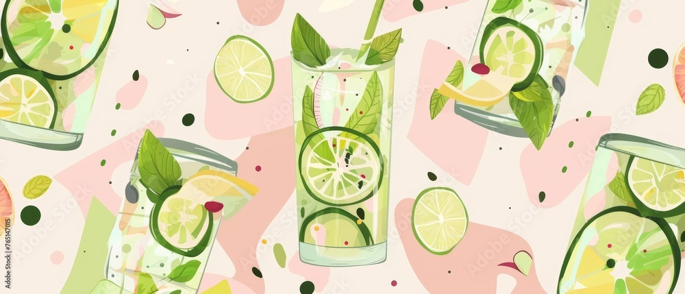 The design shows a mojito cocktail with lime slices and mint leaves. Tropic citrus background and a cold drink concept. Modern illustration flat cartoon. - obrazy, fototapety, plakaty 