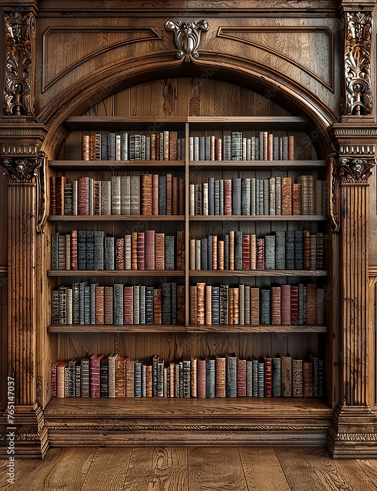 Ornate Wooden Bookcase Filled with Richly Bound Books in Classic Library