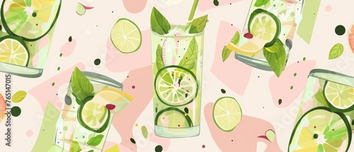 The design shows a mojito cocktail with lime slices and mint leaves. Tropic citrus background and a cold drink concept. Modern illustration flat cartoon.