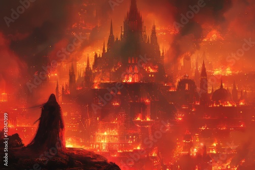 Lone Figure Overlooking a Burning Gothic Cityscape Under a Red Sky