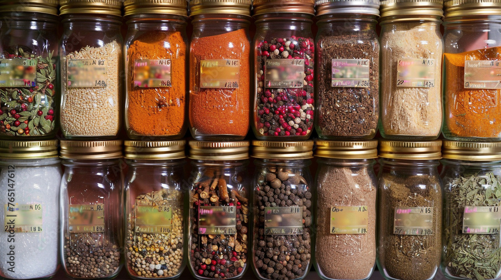 Neatly Arranged Spice Rack with Labeled Jars Neatly Arranged Spice Rack with Labeled Jars