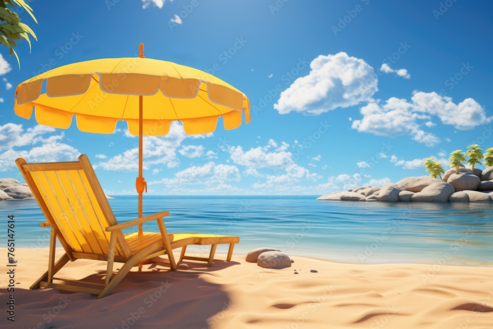 Relaxing scene of a beach chair and umbrella on a sandy beach
