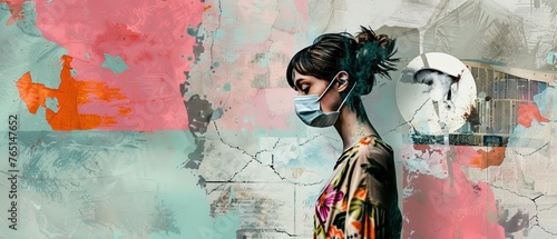 The Coronavirus panic of 2019 - a depressed woman in protective mask. Thinking girl. Doubts, problems, thoughts, emotions. Curious woman asking, question mark. Modern illustration. photo