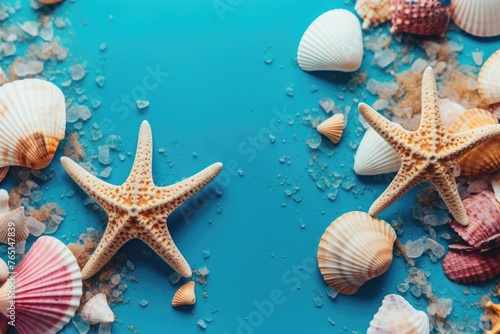Group of starfish and shells on a blue background, ideal for beach-themed designs
