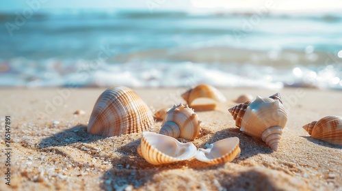 Close up of many seashells, sea shell on the sandy beach, with ocean in the background © Катерина Спіжевска