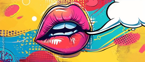 In a pop art style, comic lips call out loud with a speech bubble. Offset modern illustration with textured offset background.
