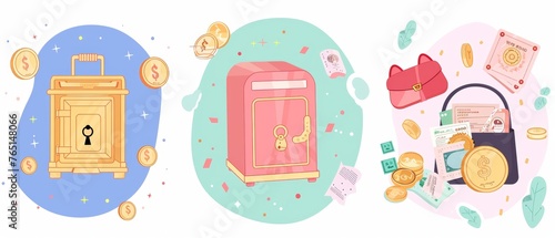 The set includes a metal safe, piggy bank, golden coins and vintage purse. They are modern elements from the 80s and 90s, ideal for mixed media illustrations.
