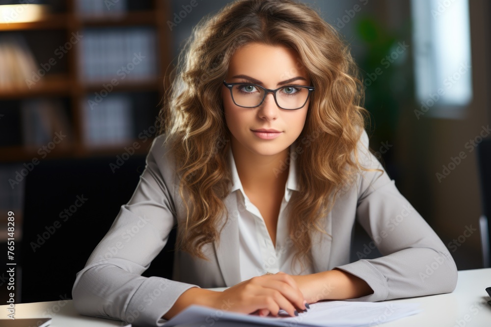 A woman sitting at a table with papers, suitable for business concepts A woman sitting at a table with papers, suitable for business concepts