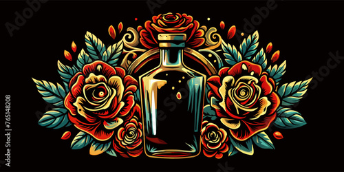 Mexican tequila bottle, roses for Mexico festival Cinco de mayo. Colorful traditional tattoo style illustration of a perfume bottle surrounded by ornate roses