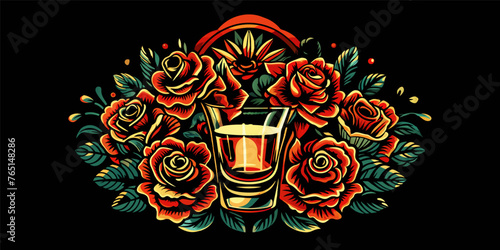 Mexican tequila shot and roses for Mexico for festival dia de los muertos or Cinco de mayo. Vivid illustration featuring an ornate lantern amidst a bouquet of stylized roses on a dark background