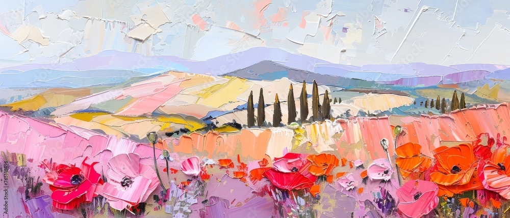 A modern hand-drawn picture depicting a poppy field in front of the beautiful Tuscan fields.