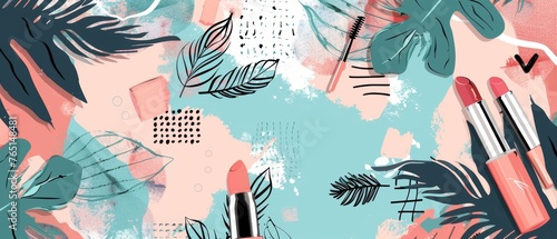 Modern illustration of different glamour make up products  top view. Fashion cosmetic template for website or backdrop with various graphics tools. Lettering quote - Wake up and makeup. Web design