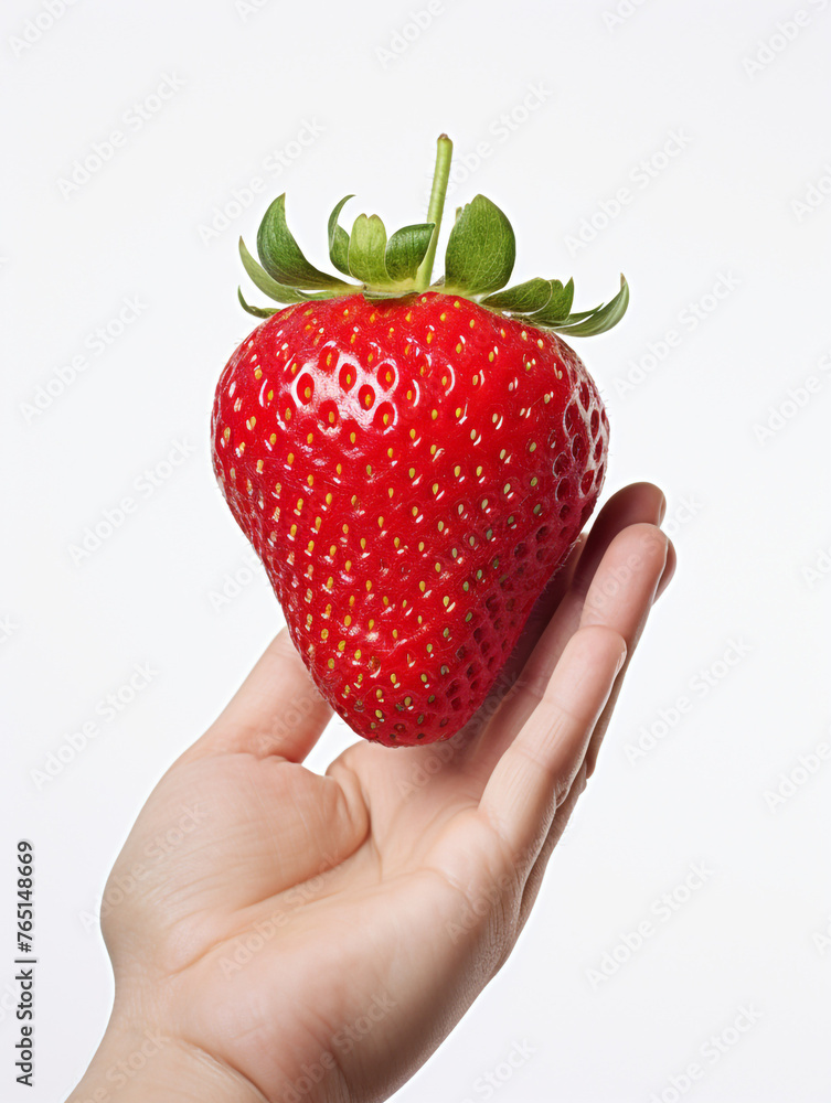 Obraz premium Holding a strawberry in his hand, against a white background сreated with Generative Ai
