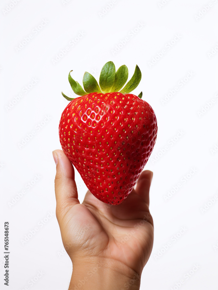 Fototapeta premium Holding a strawberry in his hand, against a white background сreated with Generative Ai