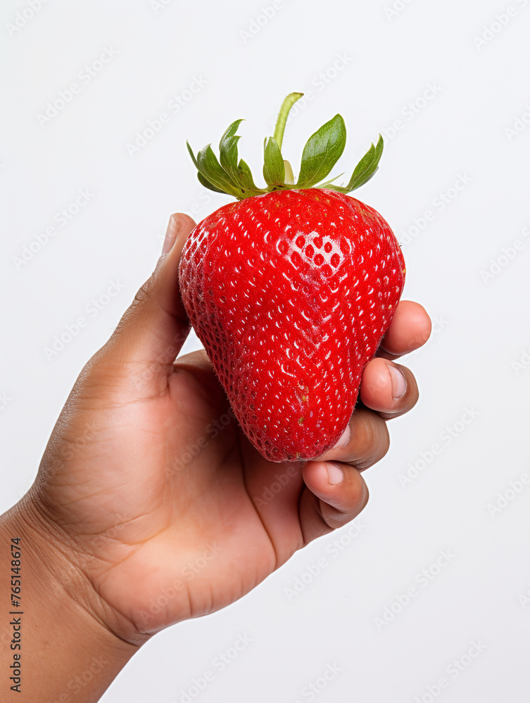 Obraz premium Holding a strawberry in his hand, against a white background сreated with Generative Ai