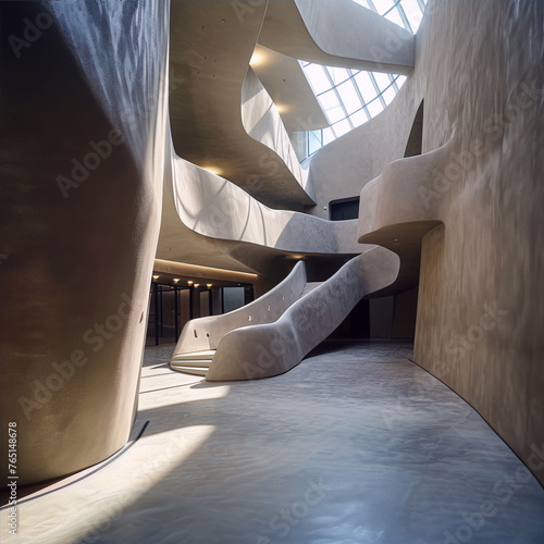 Futuristic interior space with curved staircase and walls painted in beige color, illuminated by soft sunlight in art deco style photo