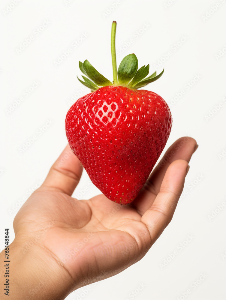 Fototapeta premium Holding a strawberry in his hand, against a white background сreated with Generative Ai