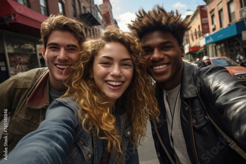Group of friends posing for a selfie on a busy city street