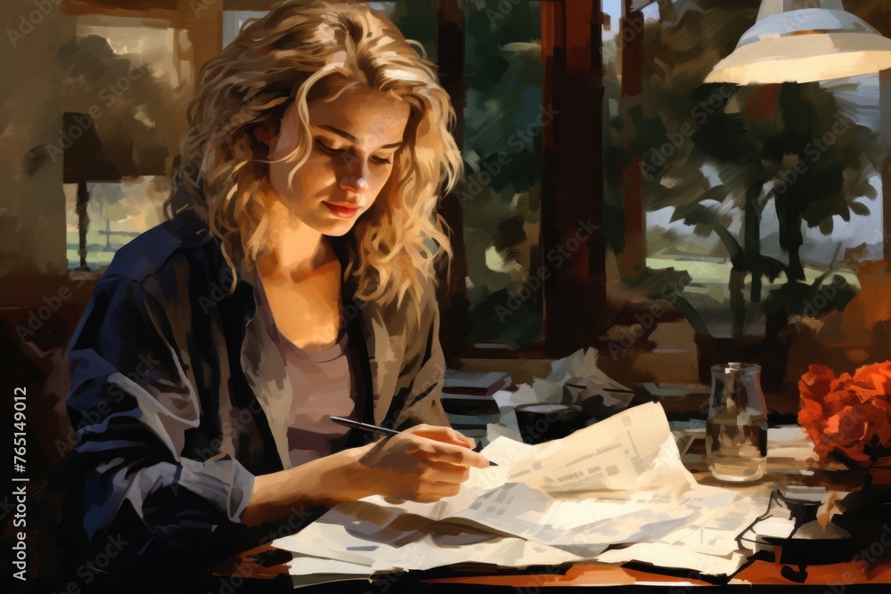 Fototapeta premium A woman sitting at a table, suitable for various concepts