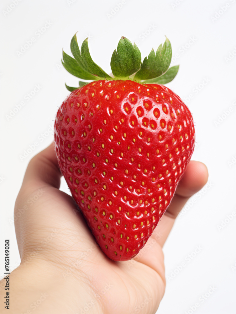 Obraz premium Holding a strawberry in his hand, against a white background сreated with Generative Ai