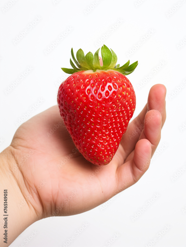 Obraz premium Holding a strawberry in his hand, against a white background сreated with Generative Ai