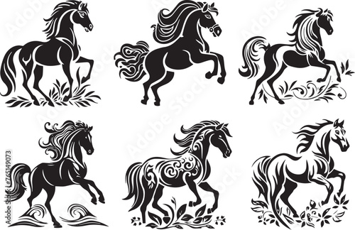 horses in simple shapes, minimalist design vector illustration silhouette laser cutting black and white shape