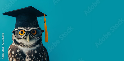 Owl with glasses in a graduation cap on a blue background