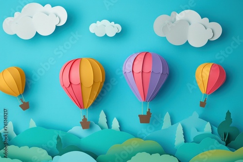 Colorful Air balloons paper cut mountains. Festival balloon. Generate Ai