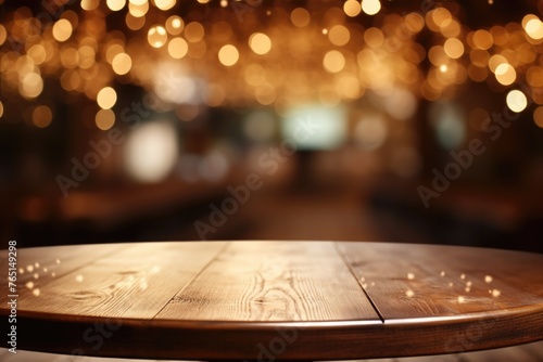 A simple wooden table with soft lights in the background