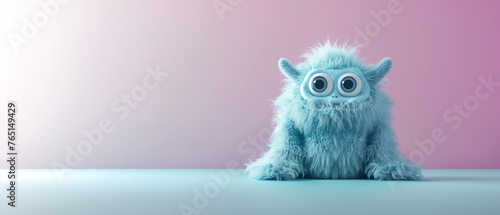 cute monster on solid background, plush toy monster, banner, copy space