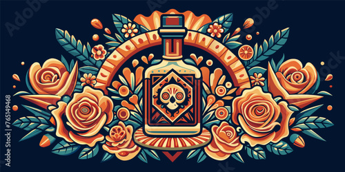 Mexican tequila bottle and roses for Mexico festive for festival dia de los muertos or Cinco de mayo. Decorative perfume bottle surrounded by stylized roses and foliage