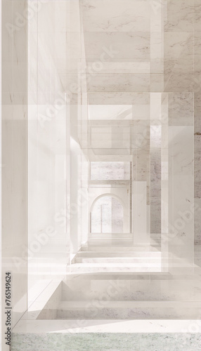 3D rendering of a minimalist interior space with a long hallway, marble walls, and glass partitions in a contemporary architectura photo