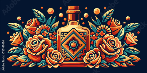 Mexican tequila bottle and roses for Mexico for festival dia de los muertos or Cinco de mayo. Decorative perfume bottle surrounded by intricate floral motifs against dark background