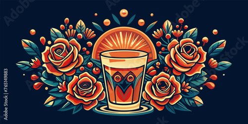 Mexican tequila shot and roses for Mexico for festival dia de los muertos or Cinco de mayo. Stylized roses and decorative elements on a dark background