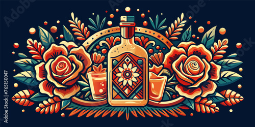 Mexican tequila bottle and roses for Mexico festive for festival dia de los muertos or Cinco de mayo. Decorative perfume bottle surrounded by stylized roses and foliage