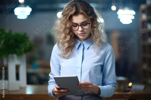 A woman in a blue shirt using a tablet