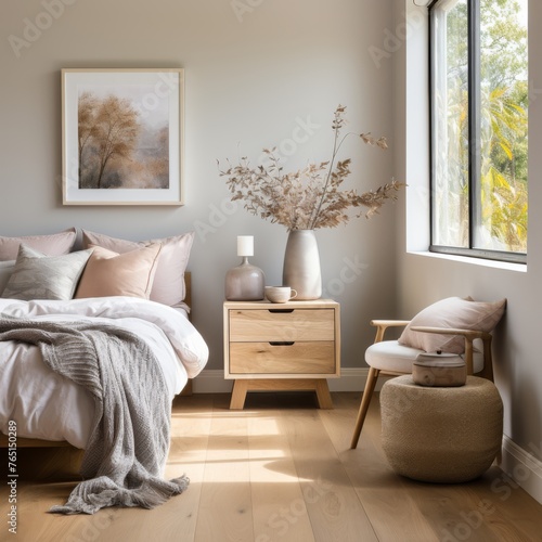 a Scandinavian minimalist nightstand in a calm bedroom 
