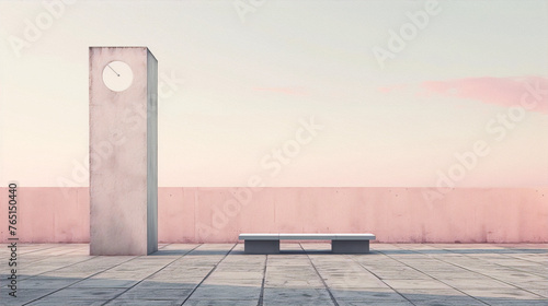A concrete clock tower and bench sit in the center of a pink and grey concrete courtyard under a brightening sky in a minimalist a photo