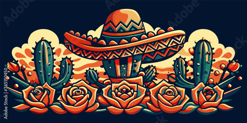 Mexico mexican cactuses and sombrero for festival Cinco de mayo. Colorful vector artwork showcasing a traditional mexican sombrero with cactus and roses